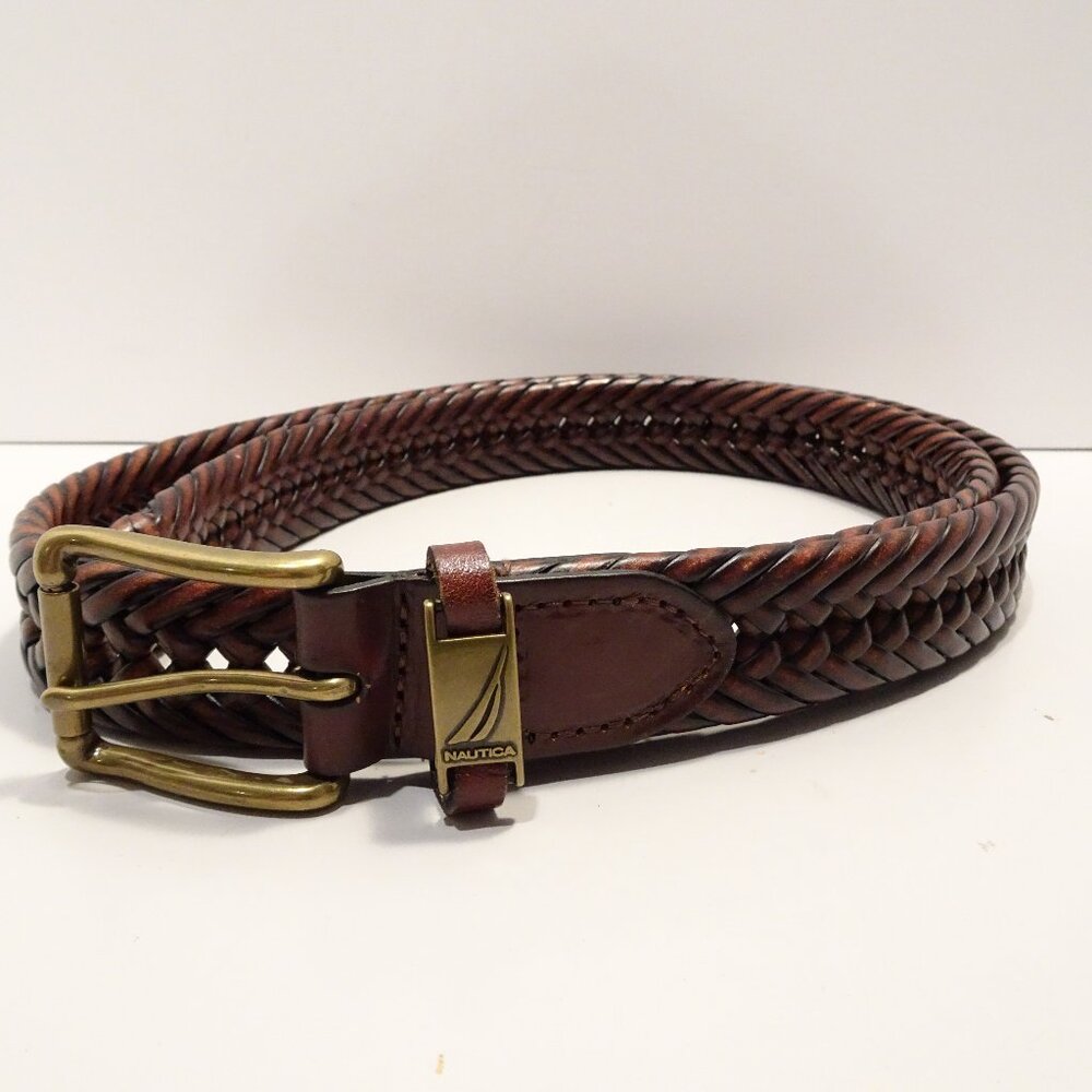 Vintage Nautica Brown Braided Woven Leather Belt Brass Buckle Logo Mens XL